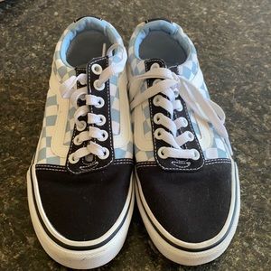 Black and baby blue checkered vans
